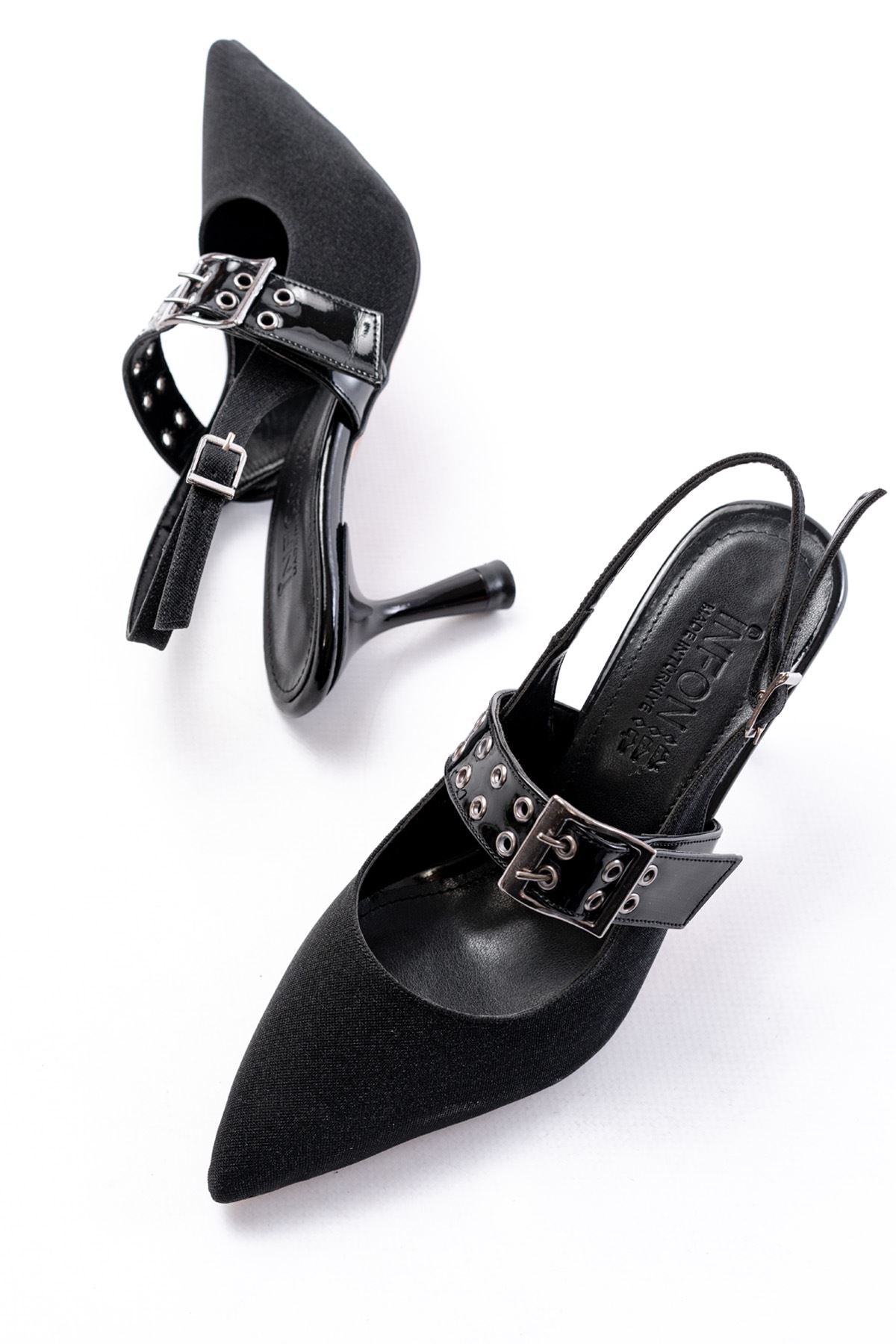 Ayakkabı Aşkı İNF-26 Siyah Simli Günlük Arkası Açık Baret Tokalı Topuklu Bayan Ayakkabı - Ayakkabı Aşkı