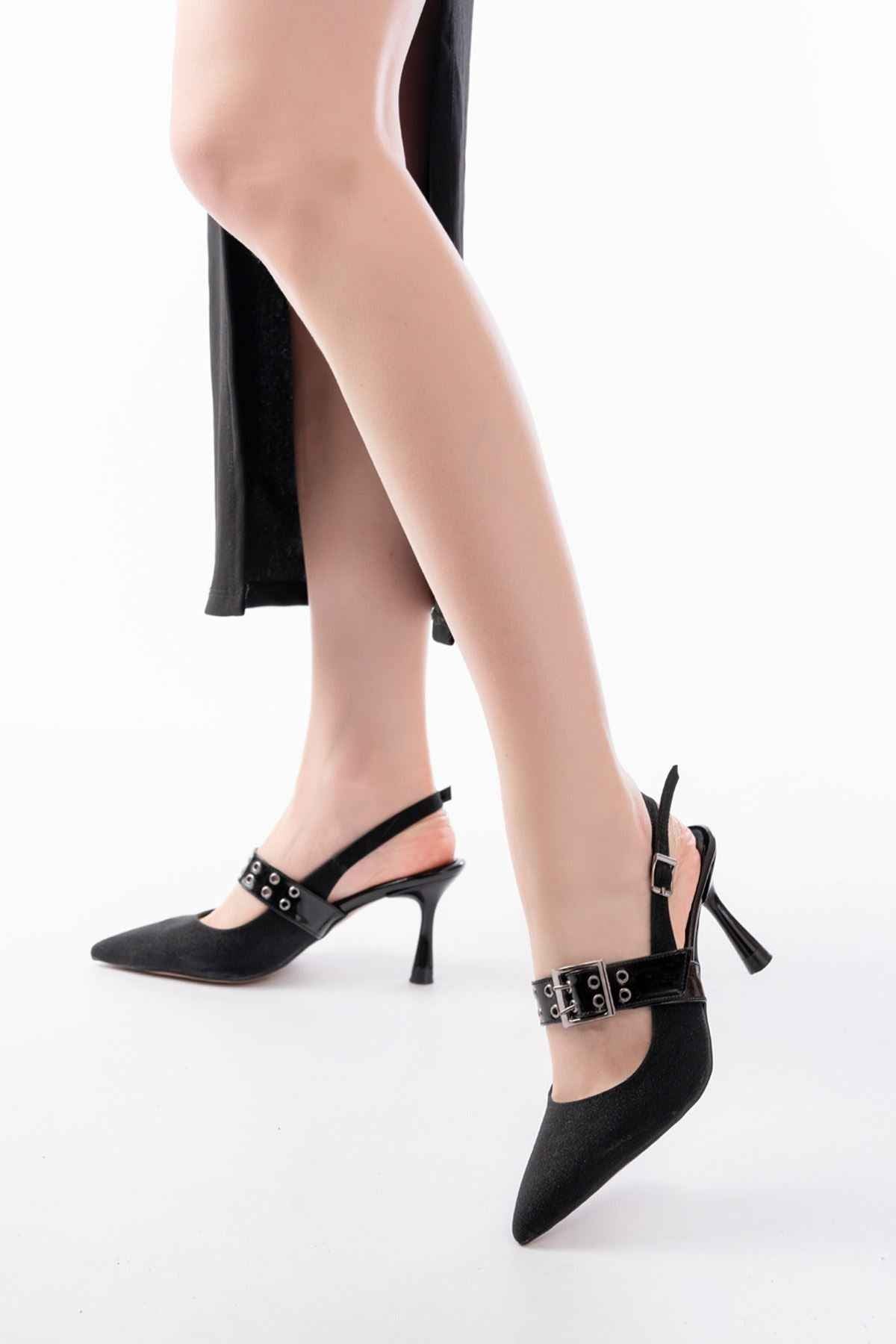 Ayakkabı Aşkı Inf-260 Siyah Simli Günlük Arkası Açık Baret Tokalı Topuklu Bayan Ayakkabı