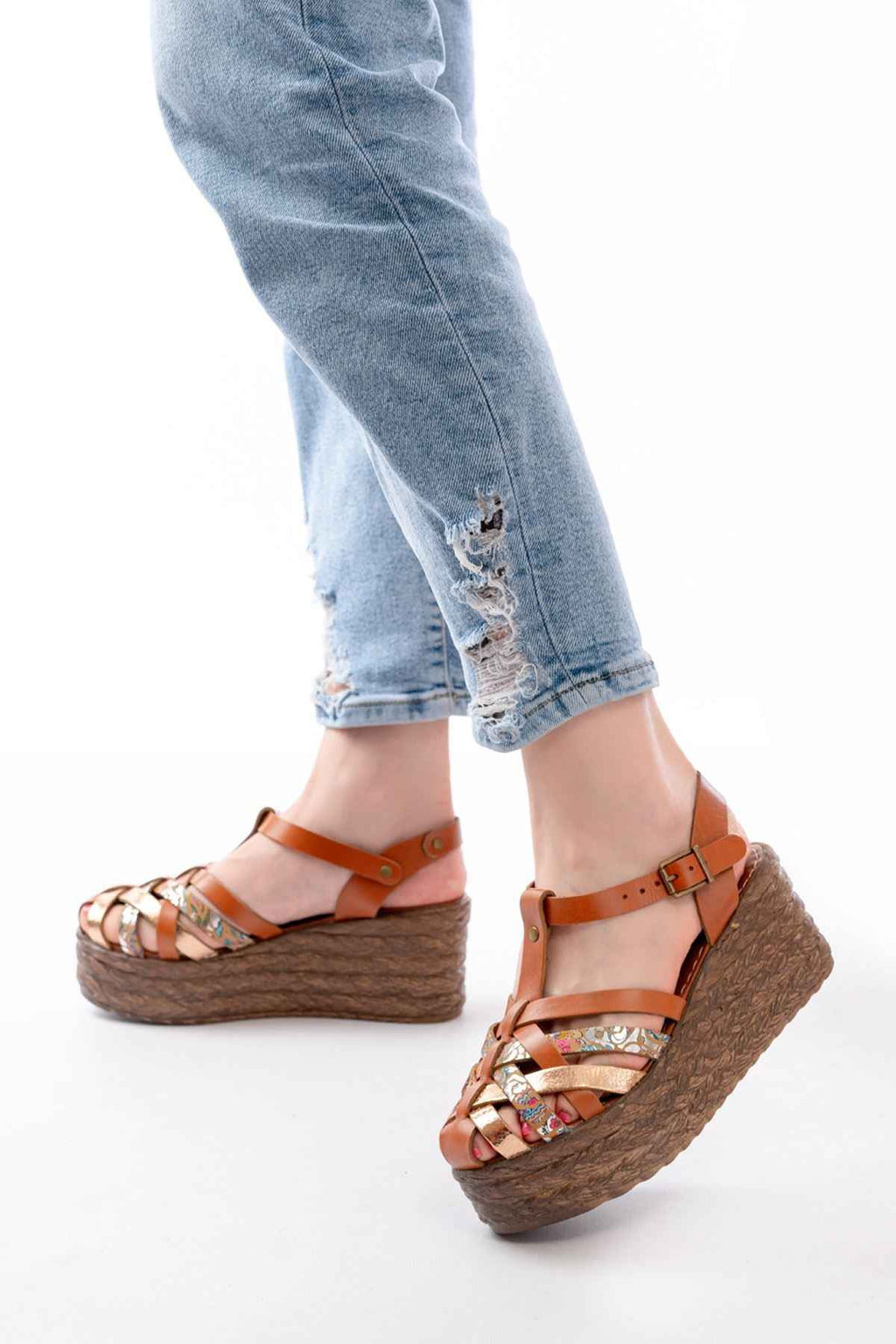 Ayakkabı Aşkı 684-02 Taba Garni Ortopedik Hakiki Deri Dolgu Kadın Sandalet