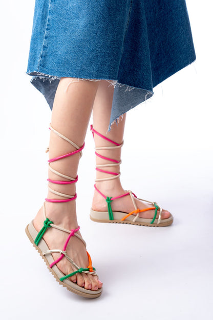 1001-1001 Multi Bilekten Bağcıklı Kadın Sandalet - Bej