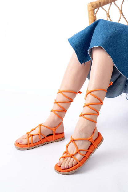 Ayakkabı Aşkı Orange Bilekten Bağcıklı Kadın Sandalet