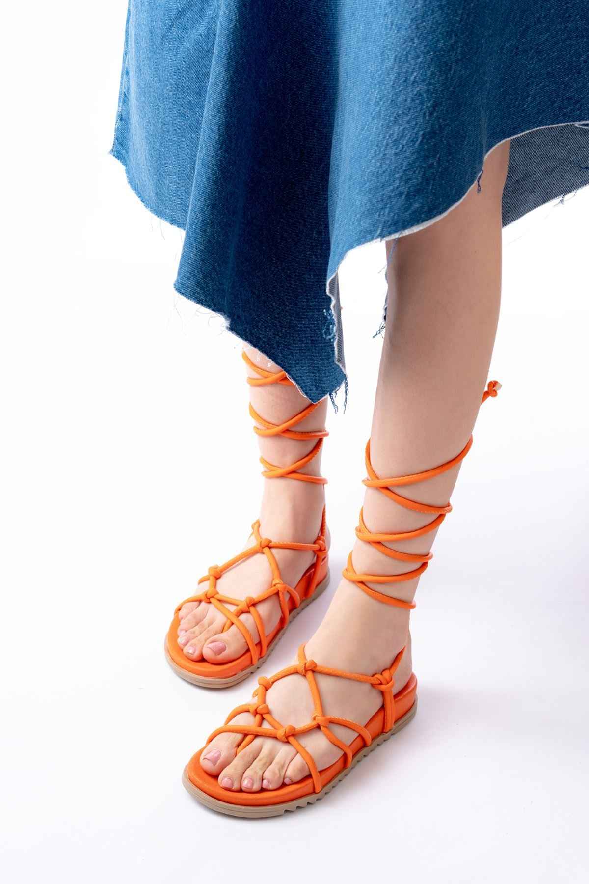 Ayakkabı Aşkı 1001-1001 Orange Bilekten Bağcıklı Kadın Sandalet