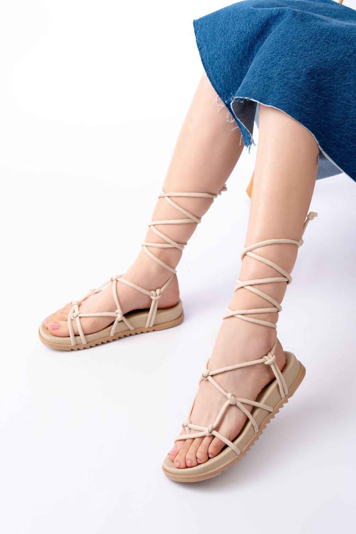 Ayakkabı Aşkı 1001-1001 Bej Bilekten Bağcıklı Kadın Sandalet