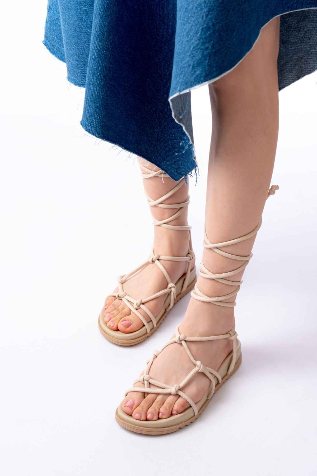 Ayakkabı Aşkı 1001-1001 Bej Bilekten Bağcıklı Kadın Sandalet
