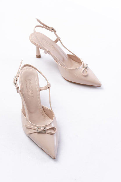 Ayakkabı Aşkı İNF-23 Bej Rugan Günlük Arkası Açık Fiyonklu Topuklu Bayan Ayakkabı