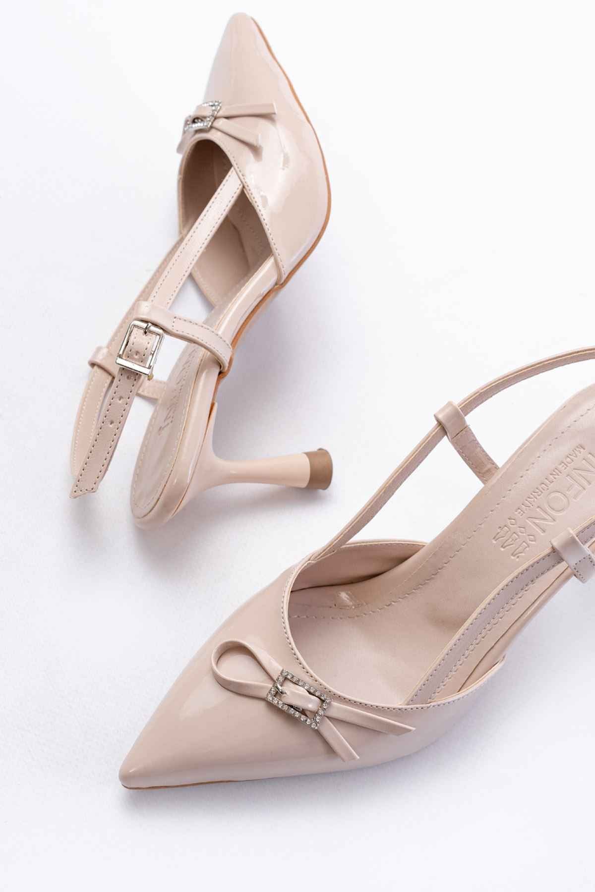 Ayakkabı Aşkı Inf-2300 Bej Rugan Günlük Arkası Açık Fiyonklu Topuklu Bayan Ayakkabı