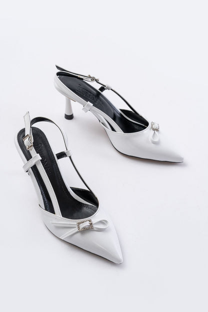 Ayakkabı Aşkı İNF-23 Beyaz Rugan Günlük Arkası Açık Fiyonklu Topuklu Bayan Ayakkabı