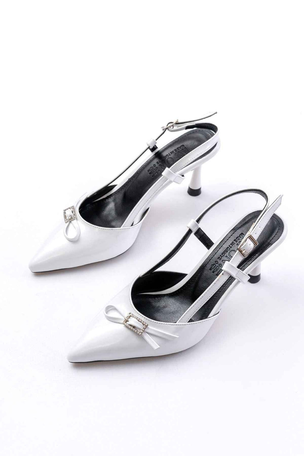 Ayakkabı Aşkı Inf-2300 Beyaz Rugan Günlük Arkası Açık Fiyonklu Topuklu Bayan Ayakkabı