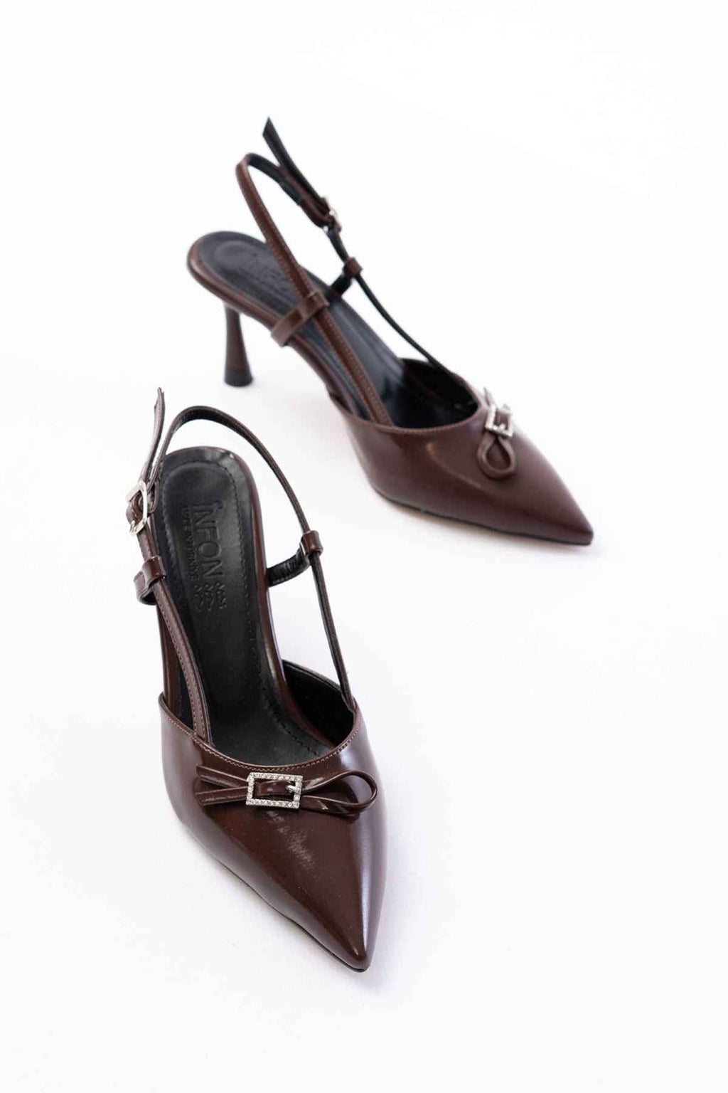 Ayakkabı Aşkı Inf-2300 Kahve Rugan Günlük Arkası Açık Fiyonklu Topuklu Bayan Ayakkabı