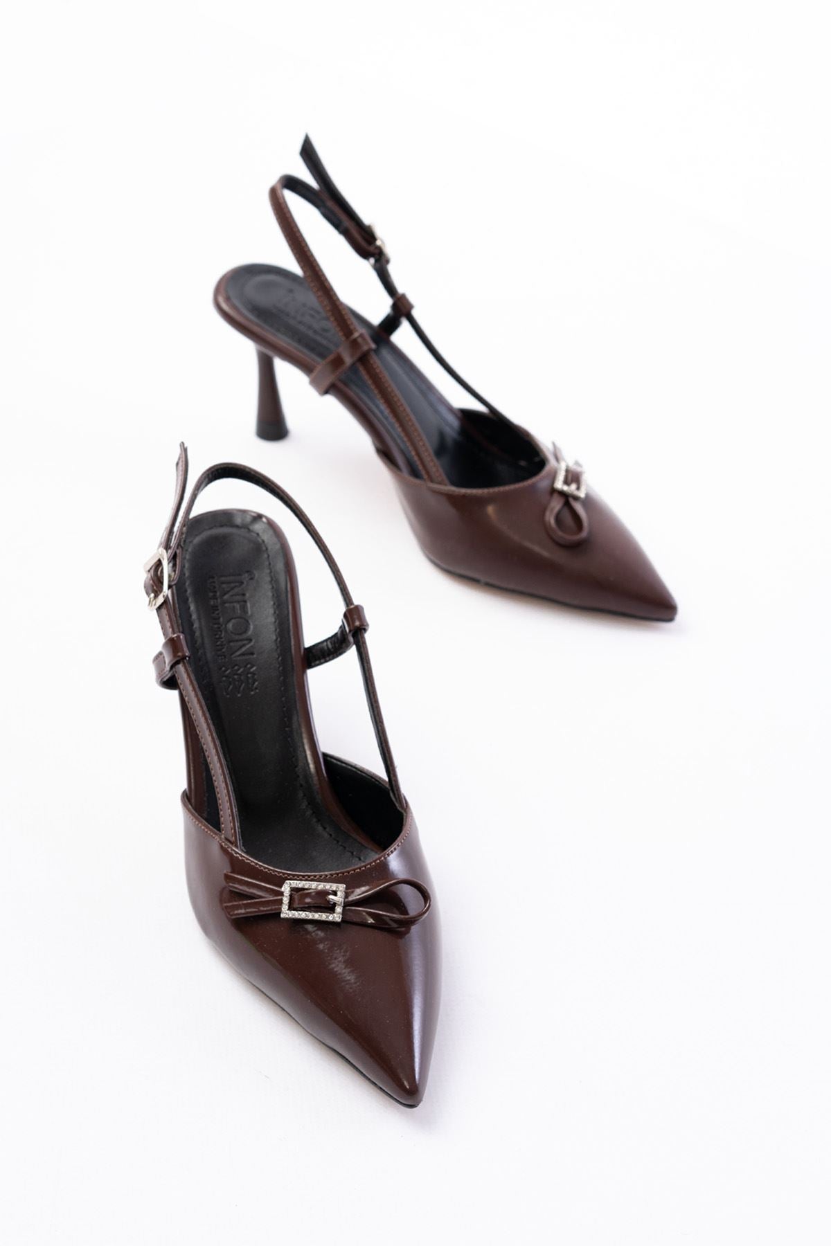 Ayakkabı Aşkı İNF-23 Kahve Rugan Günlük Arkası Açık Fiyonklu Topuklu Bayan Ayakkabı - Ayakkabı Aşkı
