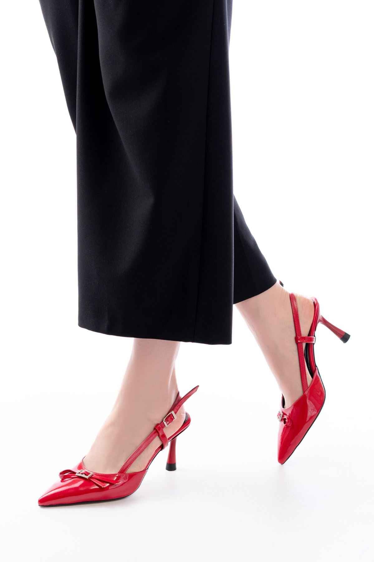 Ayakkabı Aşkı Inf-2300 Kırmızı Rugan Günlük Arkası Açık Fiyonklu Topuklu Bayan Ayakkabı