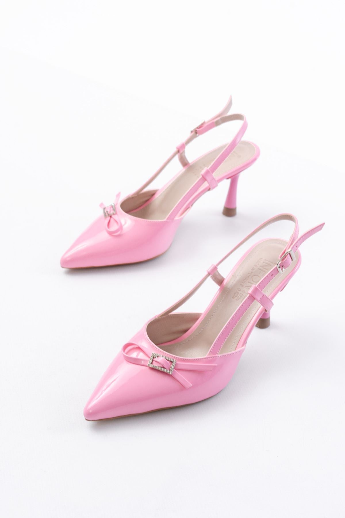 Ayakkabı Aşkı İNF-23 Pembe Rugan Günlük Arkası Açık Fiyonklu Topuklu Bayan Ayakkabı