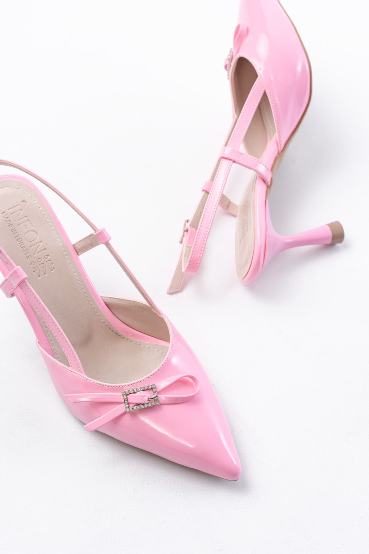 Ayakkabı Aşkı İNF-23 Pembe Rugan Günlük Arkası Açık Fiyonklu Topuklu Bayan Ayakkabı