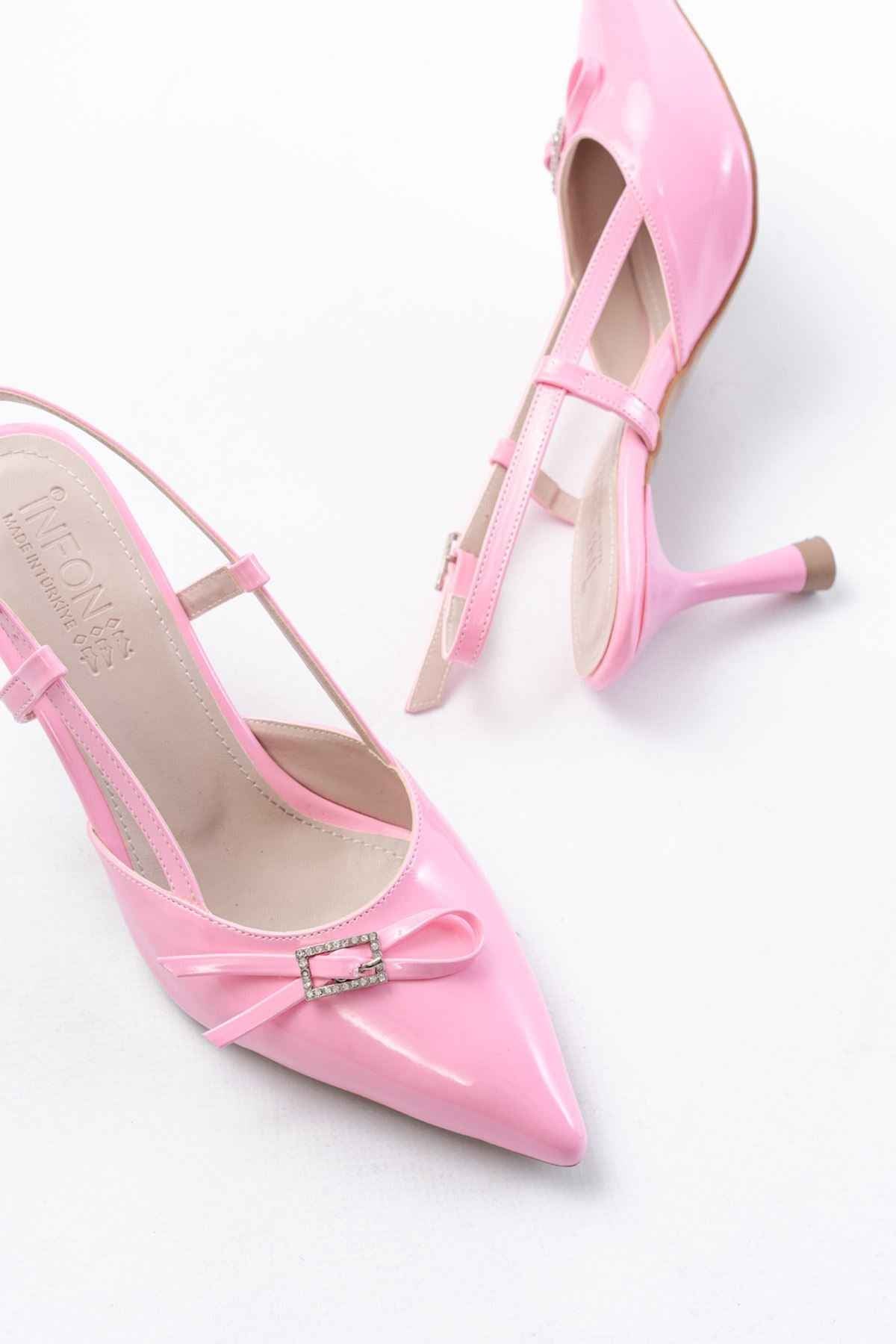 Ayakkabı Aşkı Inf-2300 Pembe Rugan Günlük Arkası Açık Fiyonklu Topuklu Bayan Ayakkabı