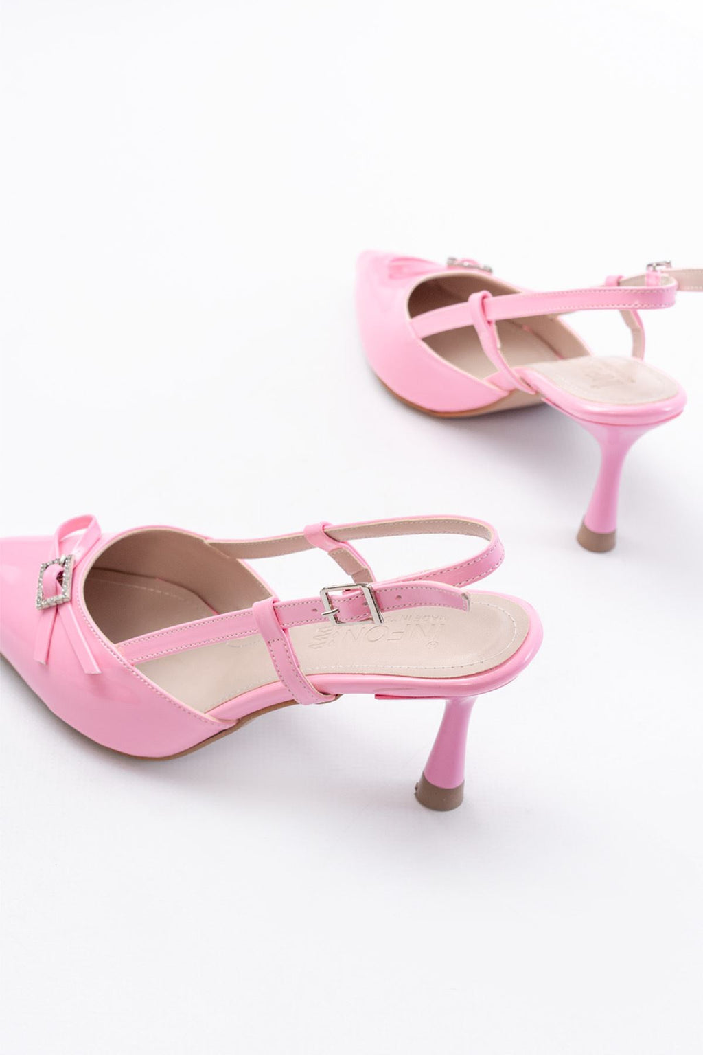 Ayakkabı Aşkı İNF-23 Pembe Rugan Günlük Arkası Açık Fiyonklu Topuklu Bayan Ayakkabı - Ayakkabı Aşkı