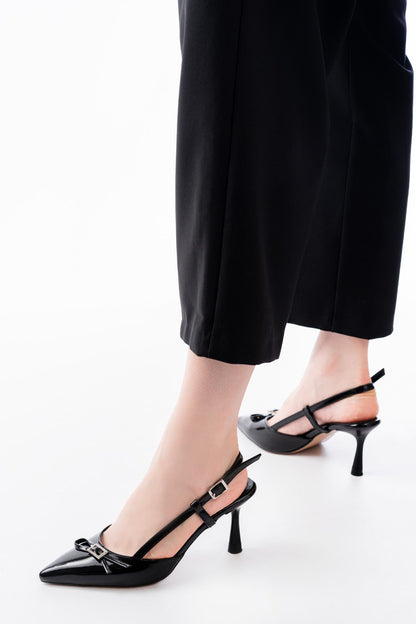 İNF-2300 Siyah Rugan Günlük Arkası Açık Fiyonklu Topuklu Bayan Ayakkabı - Siyah