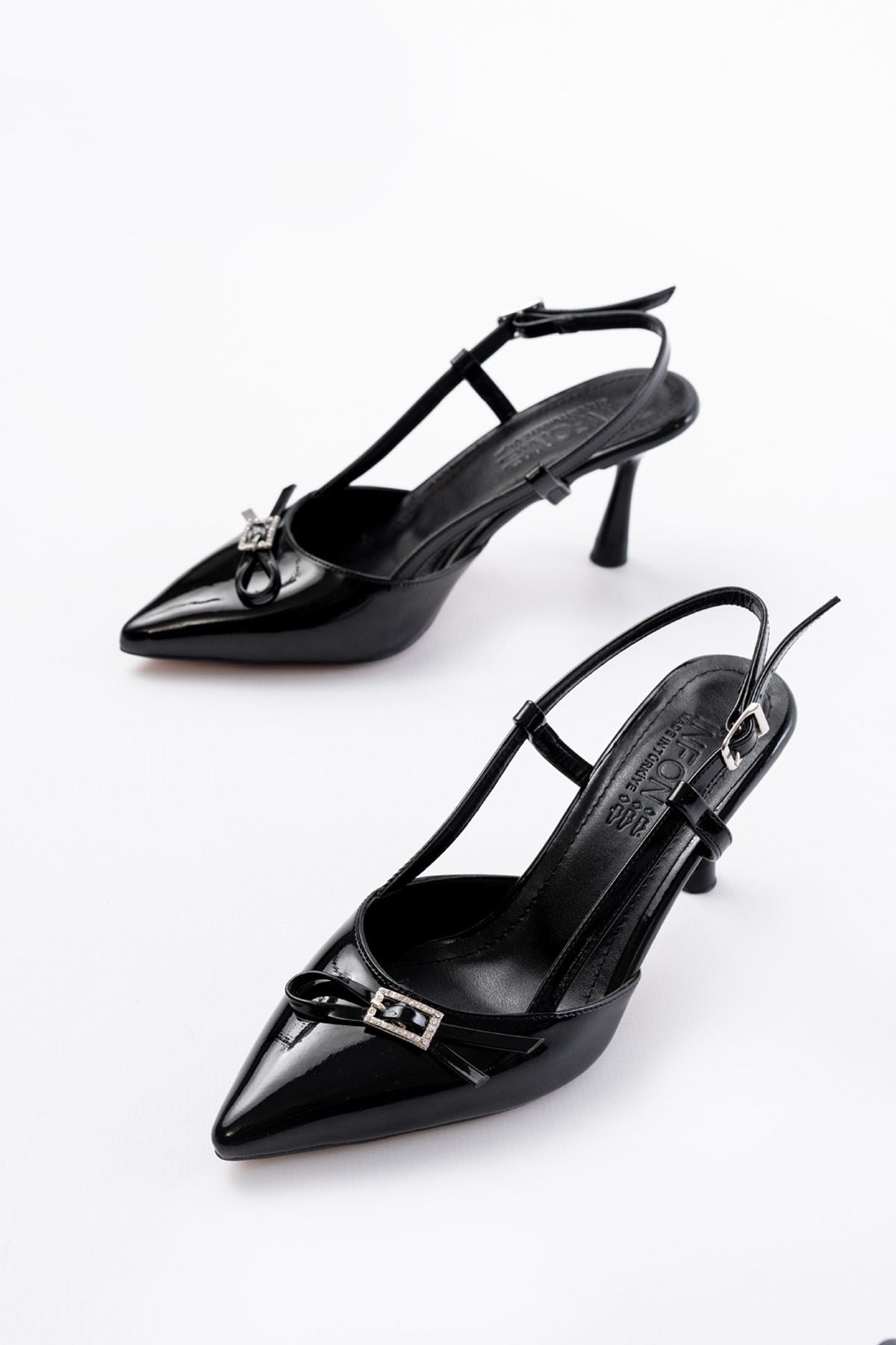 Ayakkabı Aşkı İNF-23 Siyah Rugan Günlük Arkası Açık Fiyonklu Topuklu Bayan Ayakkabı - Ayakkabı Aşkı