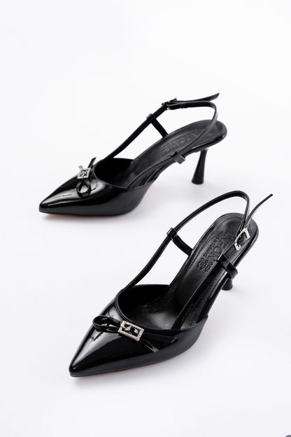 Ayakkabı Aşkı İNF-23 Siyah Rugan Günlük Arkası Açık Fiyonklu Topuklu Bayan Ayakkabı