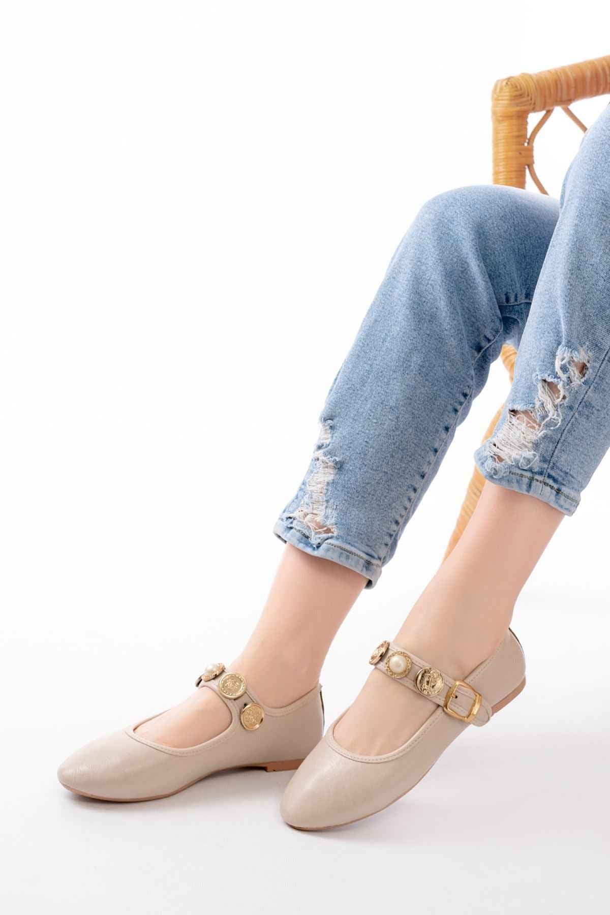 Ayakkabı Aşkı Inf-6363 Bej Baret Tokalı Günlük Bayan Ayakkabı