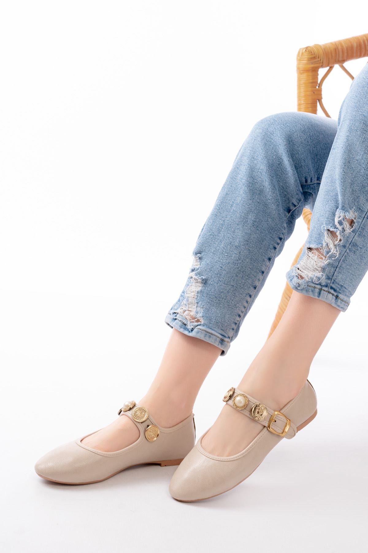 Ayakkabı Aşkı İNF-6363 Bej Baret Tokalı Günlük Bayan Ayakkabı - Ayakkabı Aşkı