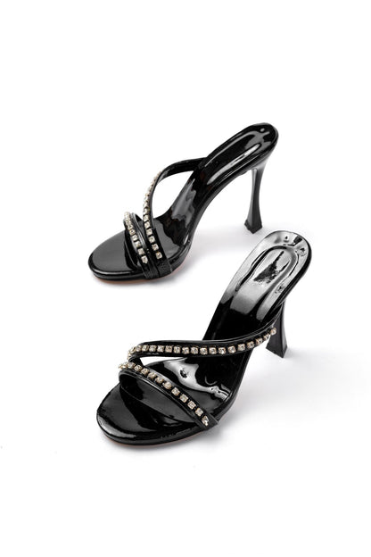 Ayakkabı Aşkı Kadın Siyah Gümüş Taşlı Platformlu Topuklu Terlik