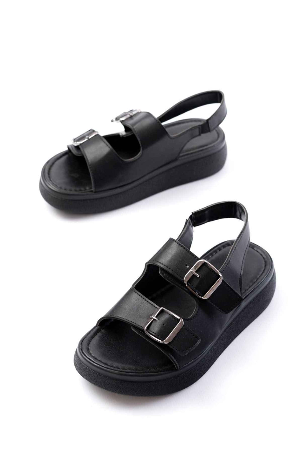 Ayakkabı Aşkı 24413-572 Siyah Günlük Dolgu Topuk Toka Aksesuarlı Kadın Sandalet