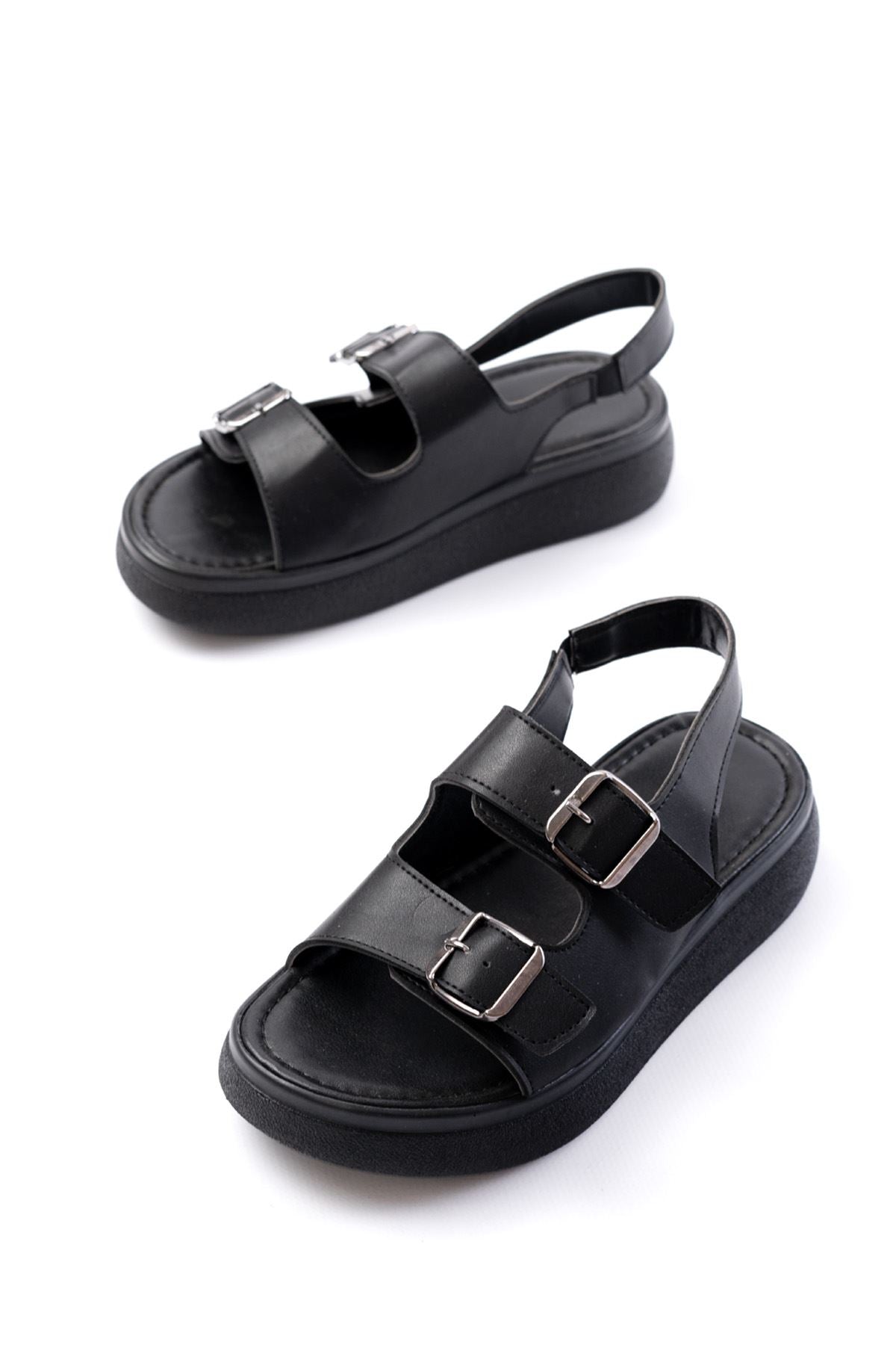 Ayakkabı Aşkı Siyah Günlük Dolgu Topuk Toka Aksesuarlı Kadın Sandalet