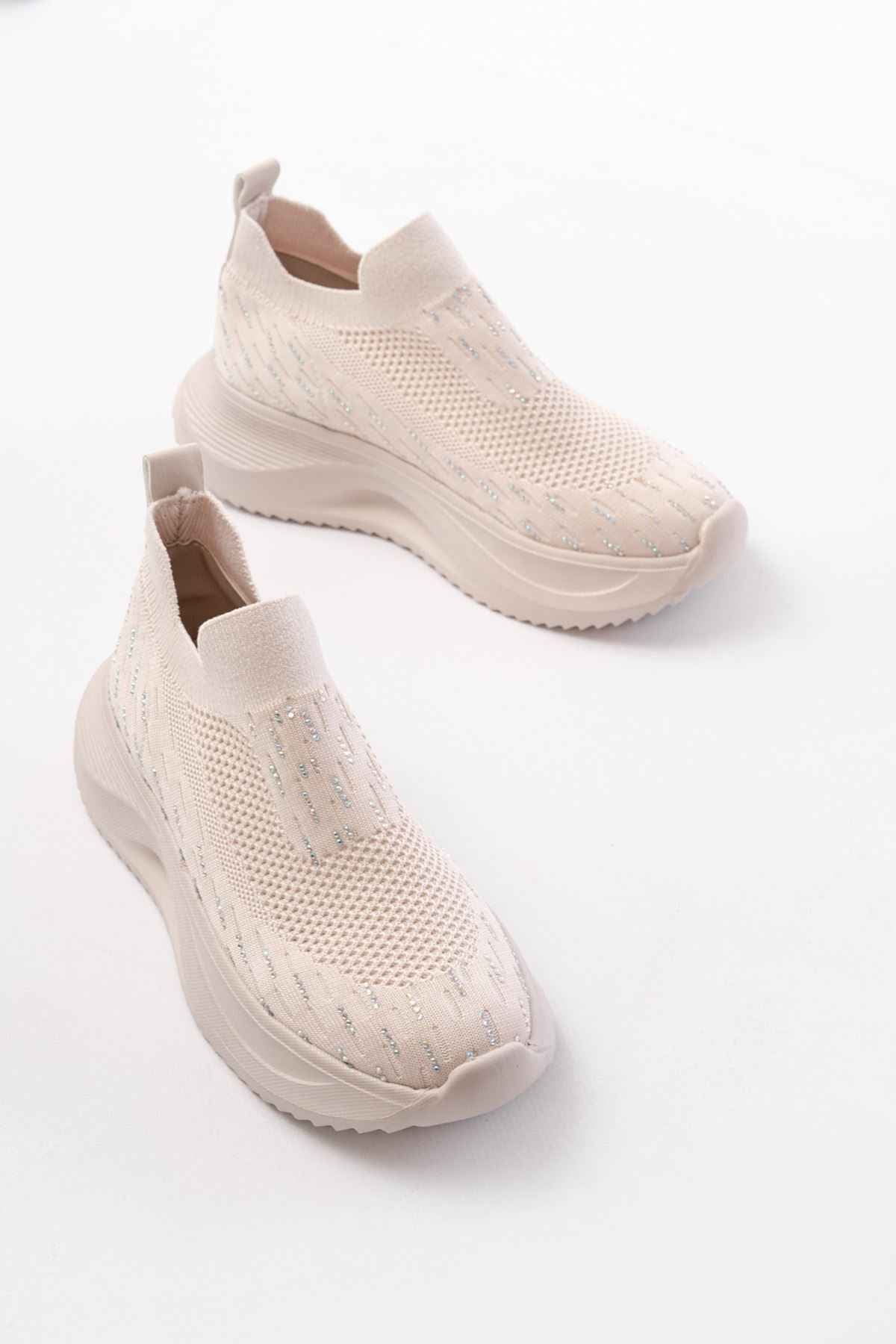 Ayakkabı Aşkı Dm-707  Bej Fileli Faillant Taban Taş Aksesuarlı Günlük Spor Ayakkabı