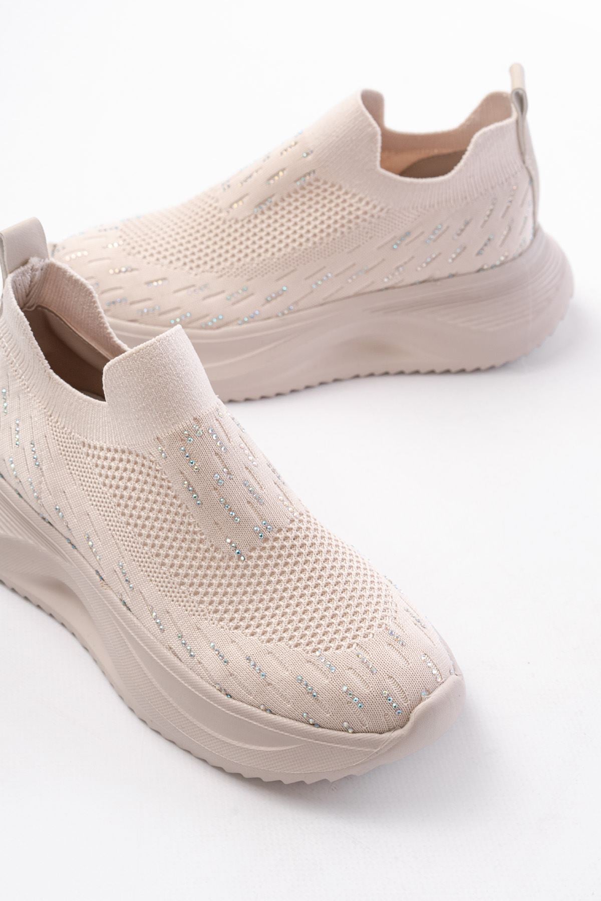 Ayakkabı Aşkı Bej Fileli Faillant Taban Taş Aksesuarlı Günlük Spor Ayakkabı