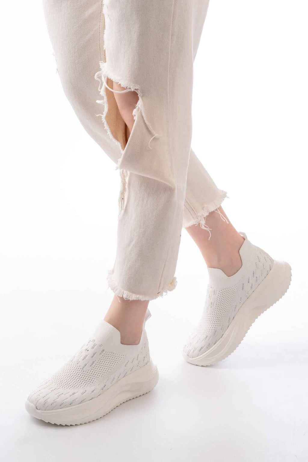 Ayakkabı Aşkı Dm-707  Beyaz Fileli Faillant Taban Taş Aksesuarlı Günlük Spor Ayakkabı