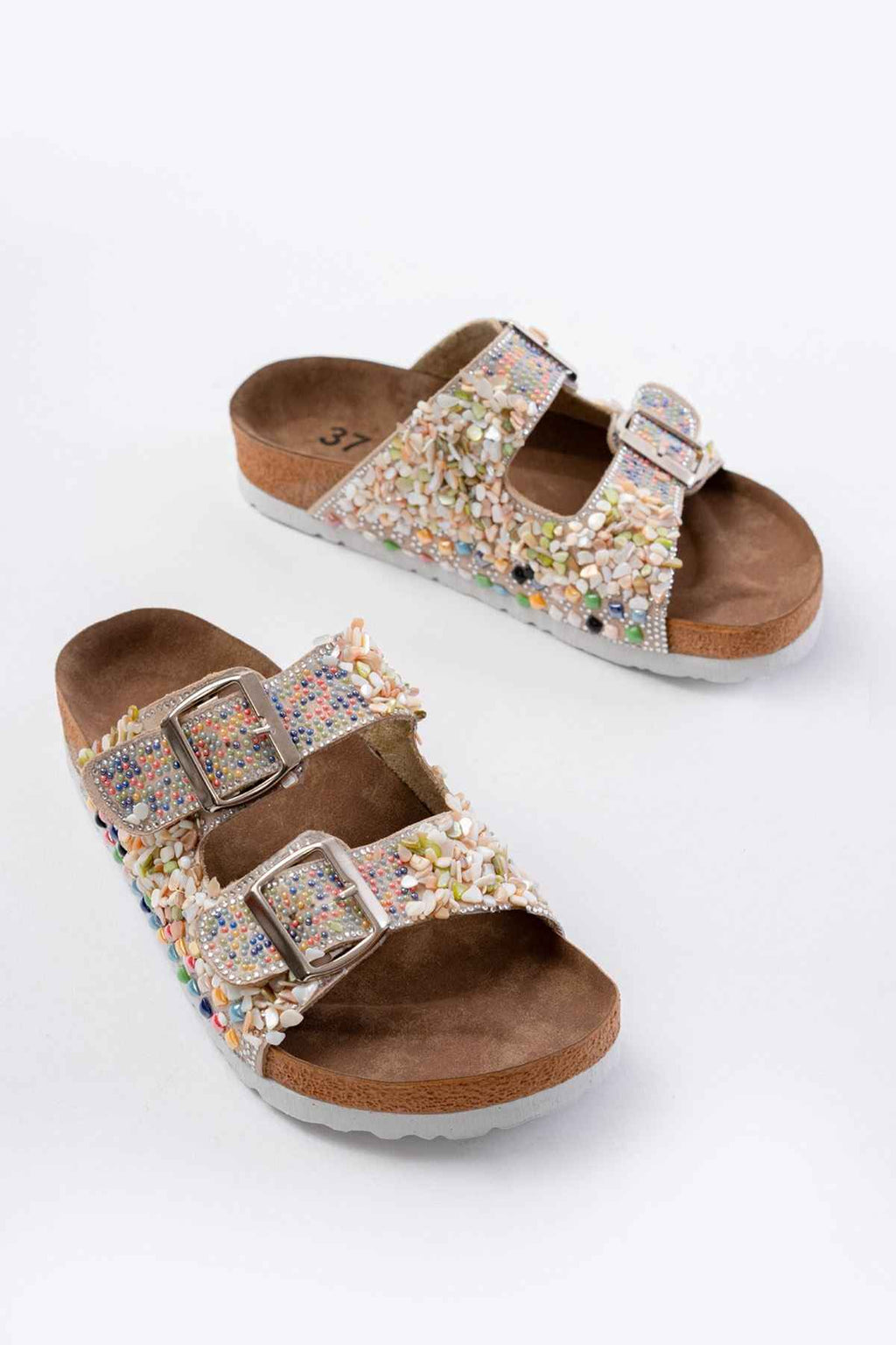 Ayakkabı Aşkı Dn-07 Bej Günlük  Taş Aksesuarlı Kadın Terlik