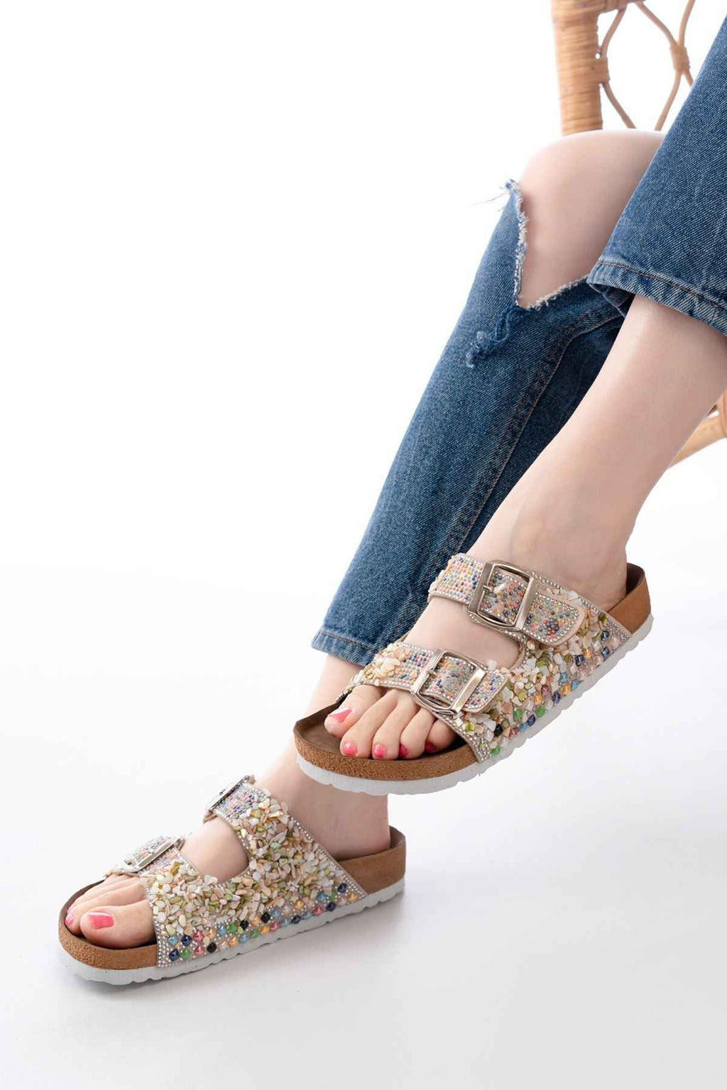 Ayakkabı Aşkı Dn-07 Bej Günlük  Taş Aksesuarlı Kadın Terlik
