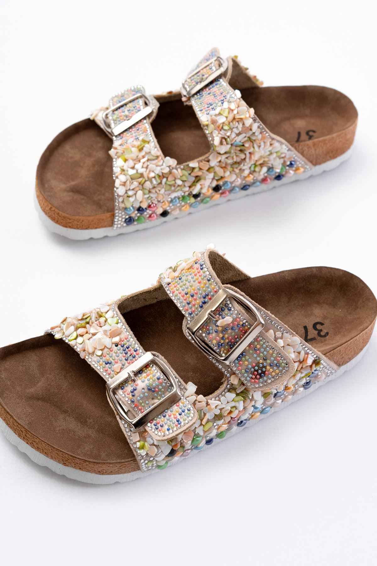 Ayakkabı Aşkı Dn-07 Bej Günlük  Taş Aksesuarlı Kadın Terlik