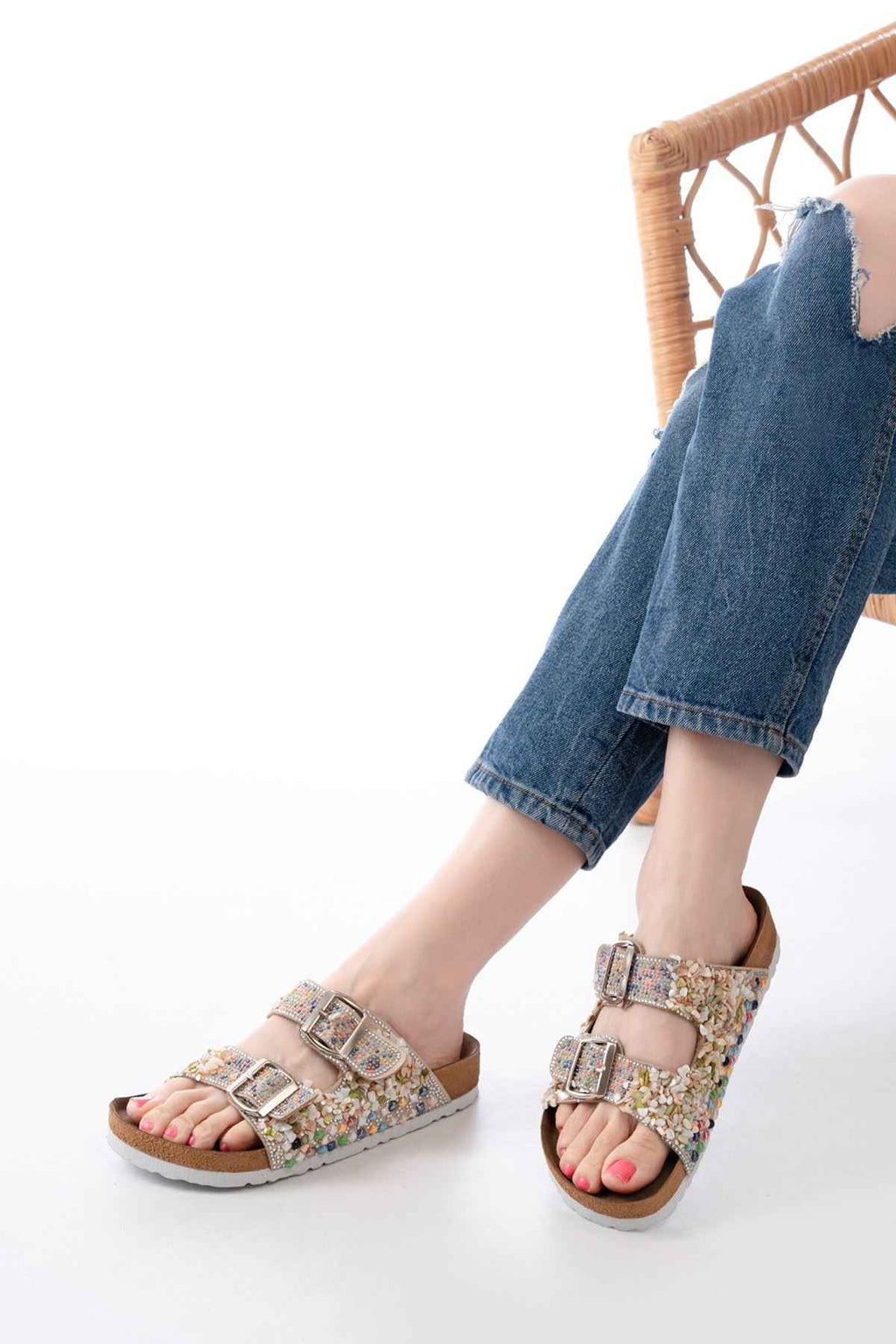 Ayakkabı Aşkı Dn-07 Bej Günlük  Taş Aksesuarlı Kadın Terlik