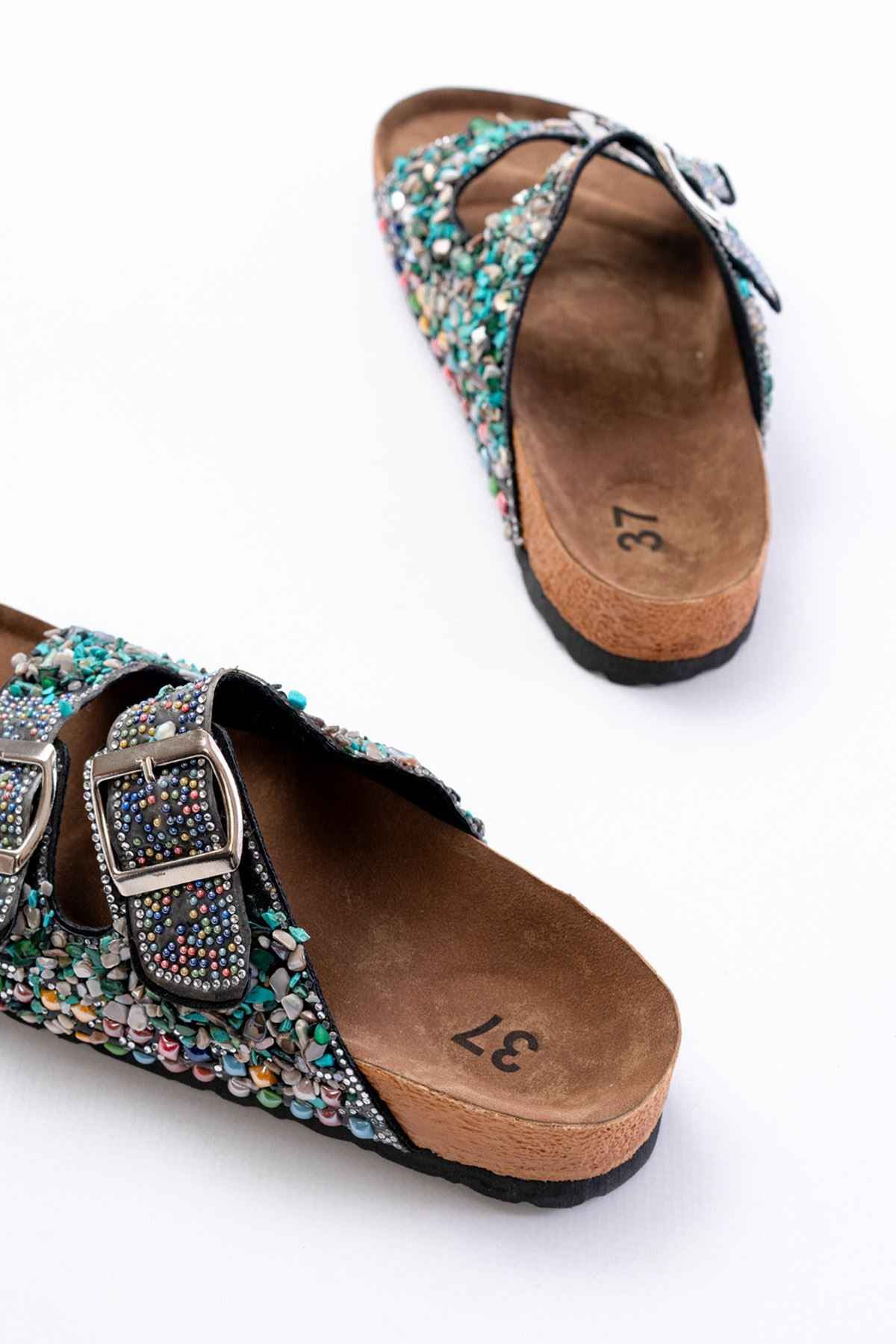 Ayakkabı Aşkı Dn-07 Siyah Günlük  Taş Aksesuarlı Kadın Terlik