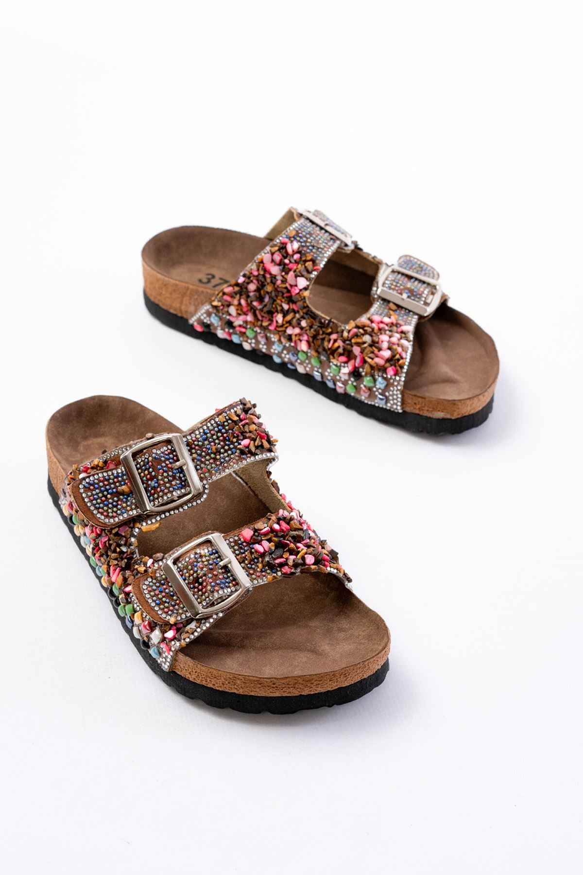 Ayakkabı Aşkı Dn-07 Taba Günlük  Taş Aksesuarlı Kadın Terlik