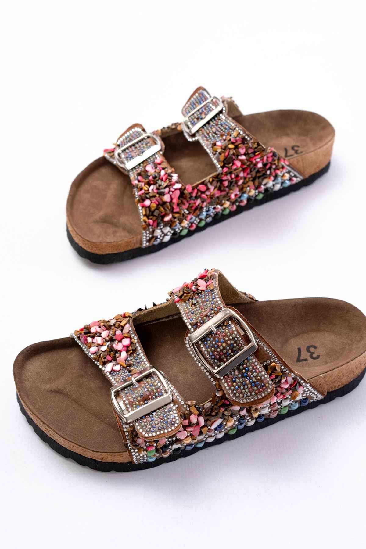 Ayakkabı Aşkı Dn-07 Taba Günlük  Taş Aksesuarlı Kadın Terlik