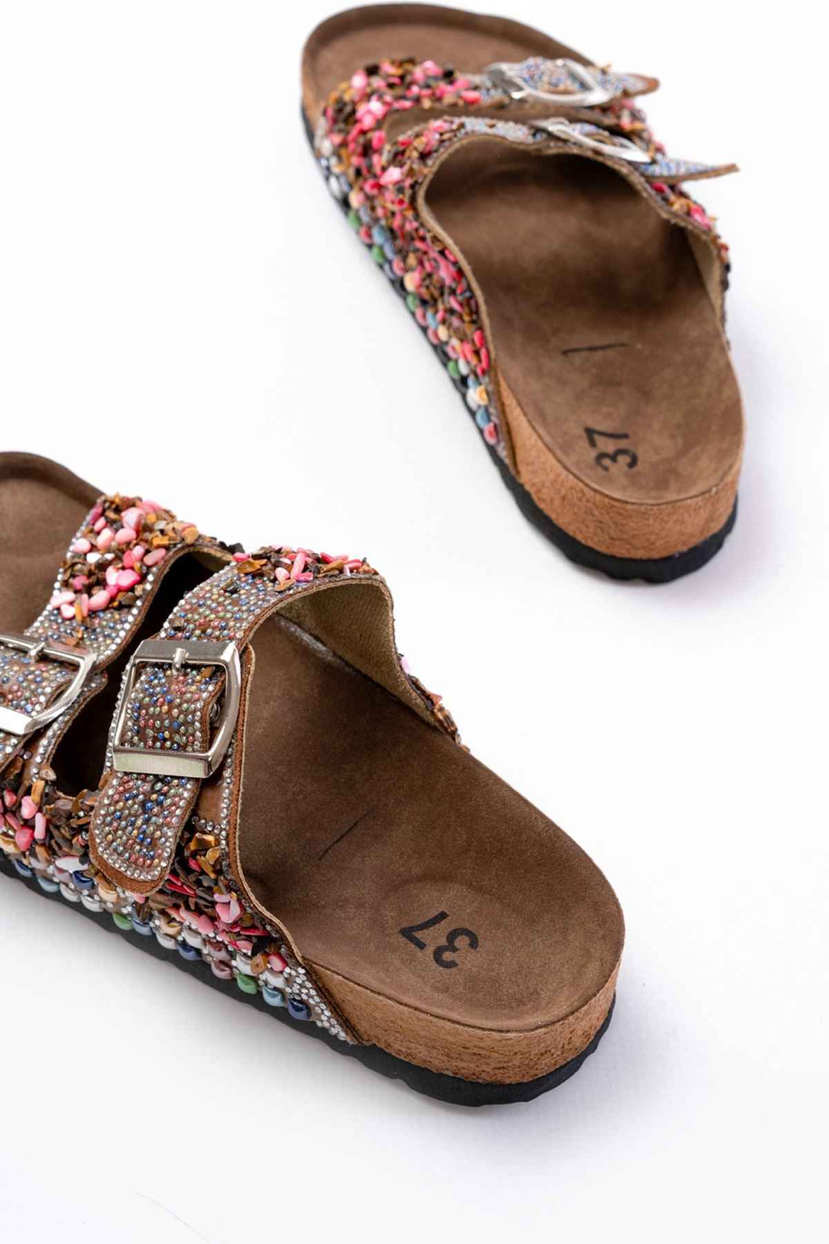 Ayakkabı Aşkı Dn-07 Taba Günlük  Taş Aksesuarlı Kadın Terlik