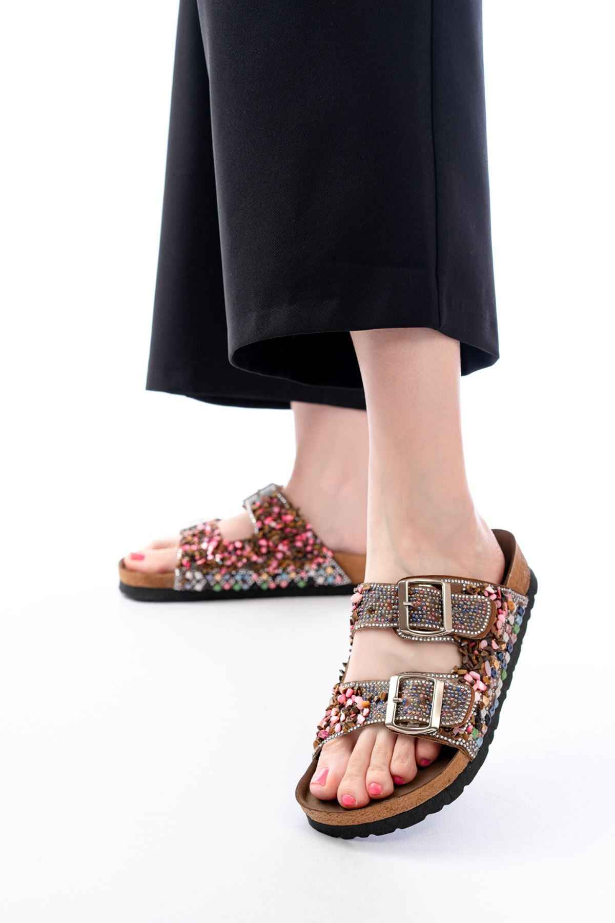 Ayakkabı Aşkı Dn-07 Taba Günlük  Taş Aksesuarlı Kadın Terlik