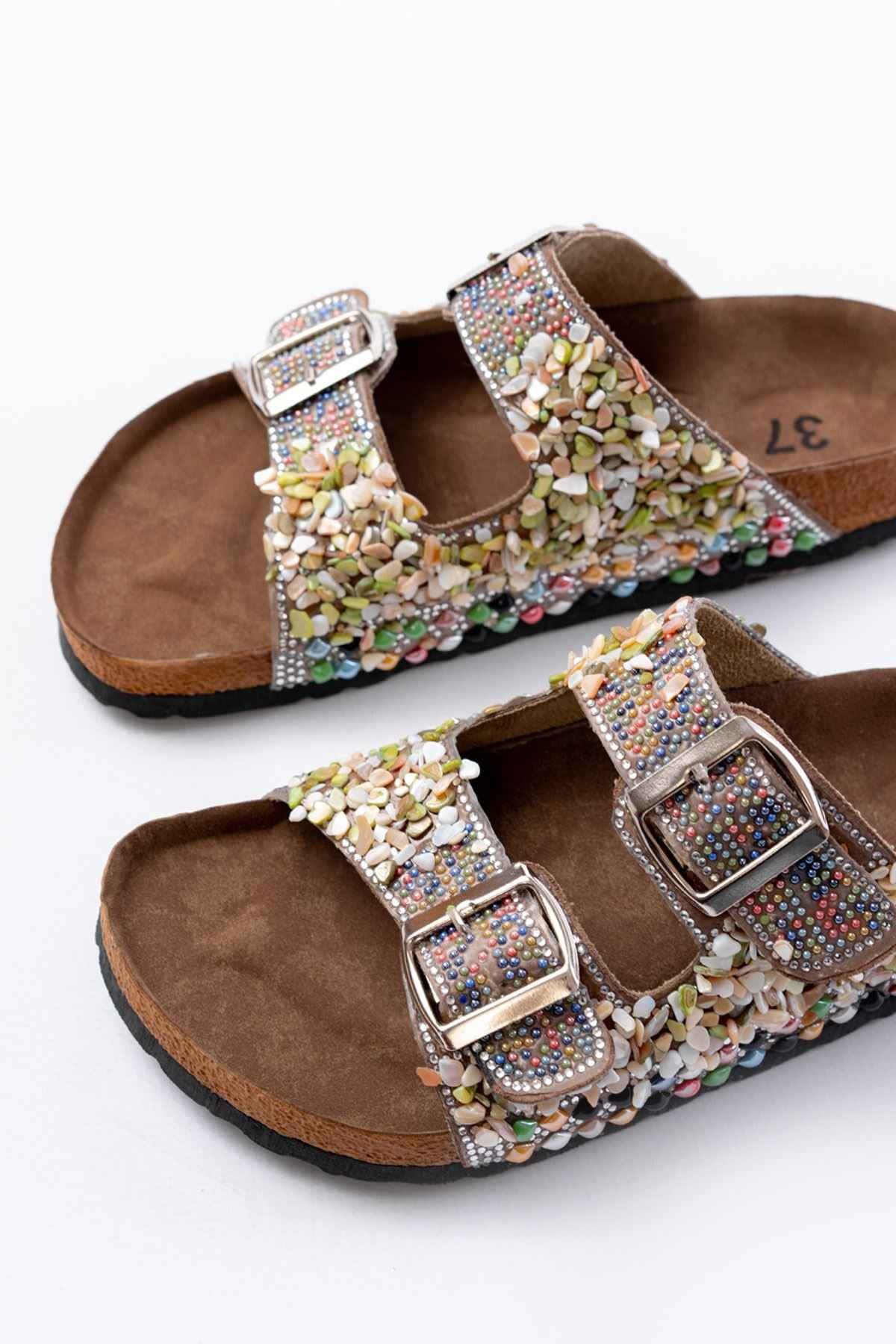 Ayakkabı Aşkı Dn-07 Vizon Günlük  Taş Aksesuarlı Kadın Terlik