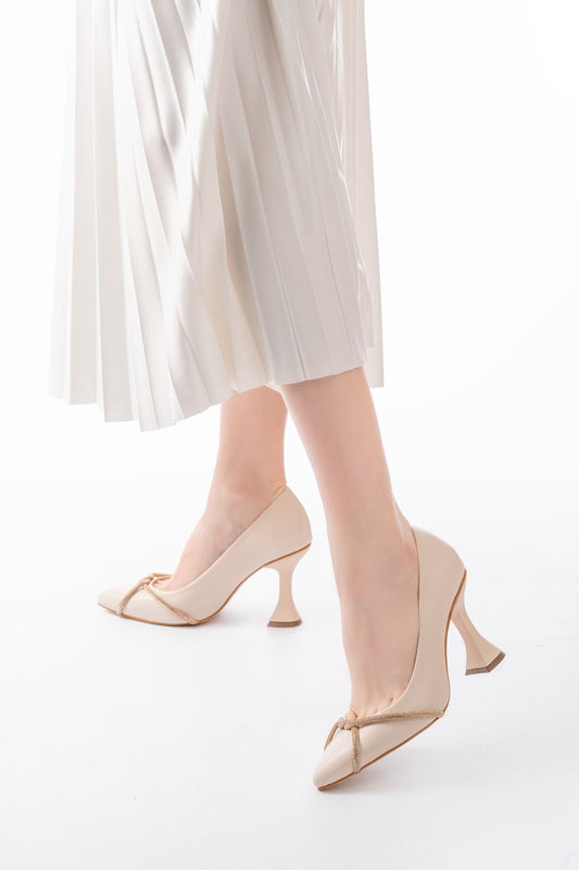 Ayakkabı Aşkı Bej Günlük Sarmal Taşlı Topuklu Kadın Ayakkabı