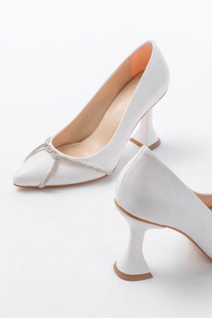 Ayakkabı Aşkı Beyaz Günlük Sarmal Taşlı Topuklu Kadın Ayakkabı