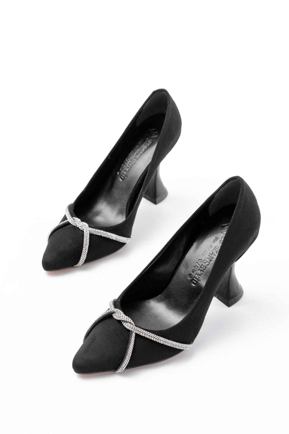 Ayakkabı Aşkı  K-10 Siyah Süet Günlük Sarmal Taşlı Topuklu Kadın Ayakkabı