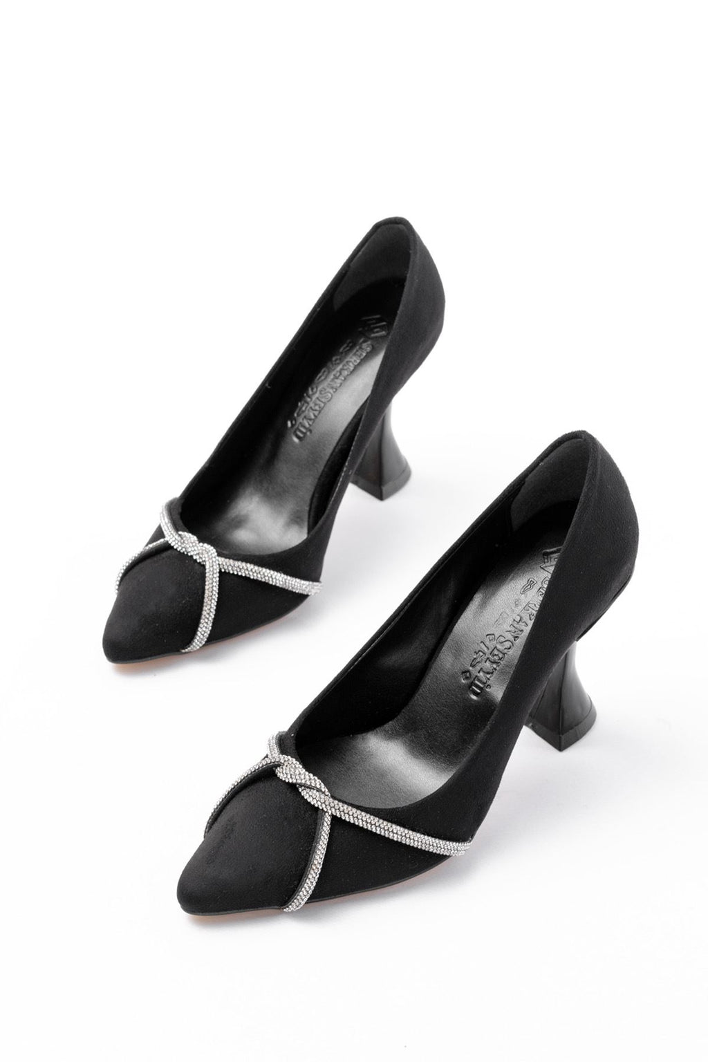 Ayakkabı Aşkı Siyah Süet Günlük Sarmal Taşlı Topuklu Kadın Ayakkabı
