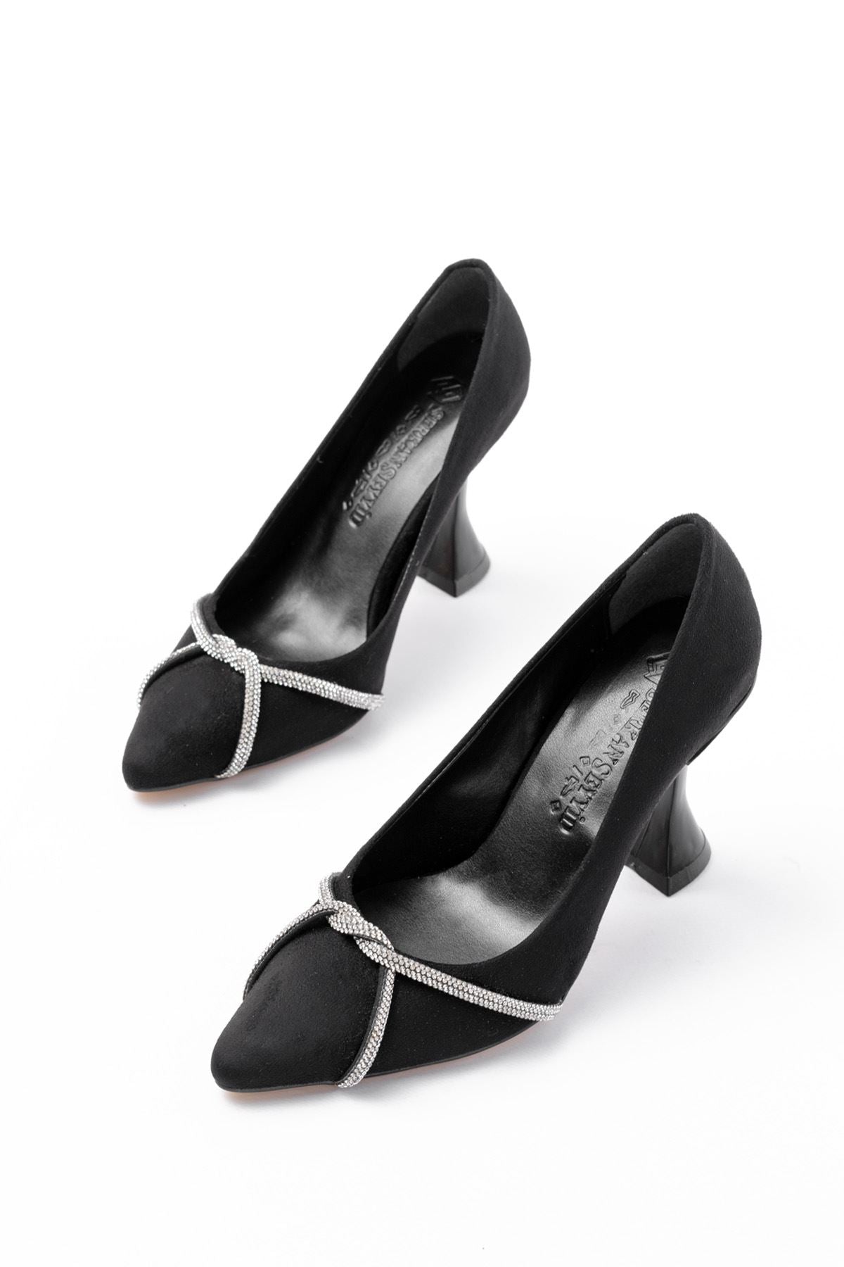 Ayakkabı Aşkı Siyah Süet Günlük Sarmal Taşlı Topuklu Kadın Ayakkabı