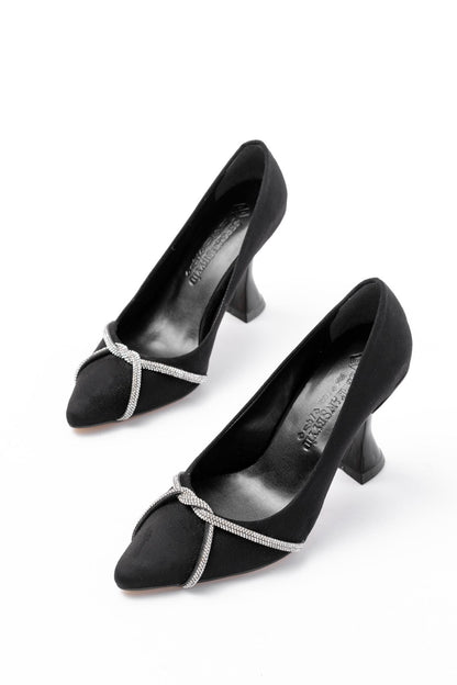 Ayakkabı Aşkı Siyah Süet Günlük Sarmal Taşlı Topuklu Kadın Ayakkabı