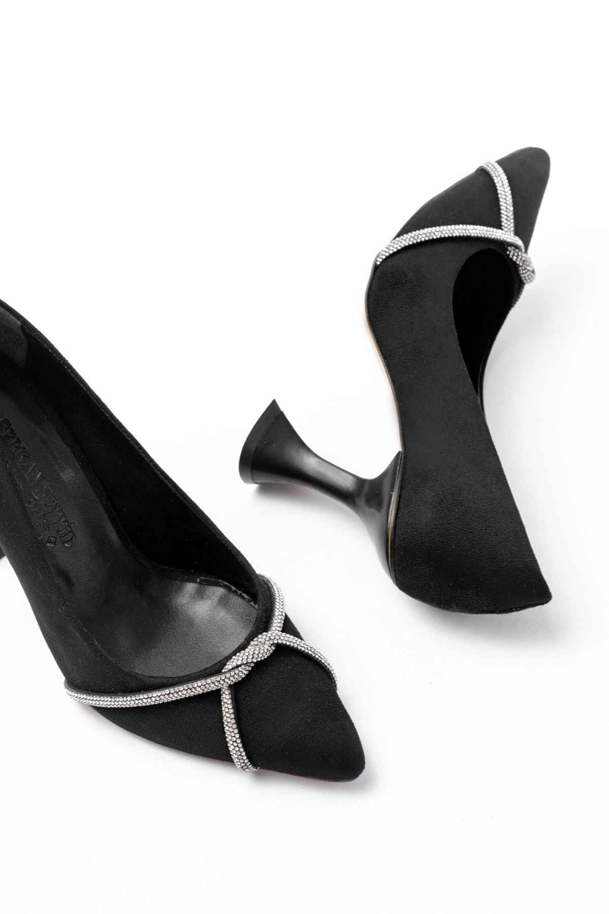 Ayakkabı Aşkı  K-10 Siyah Süet Günlük Sarmal Taşlı Topuklu Kadın Ayakkabı