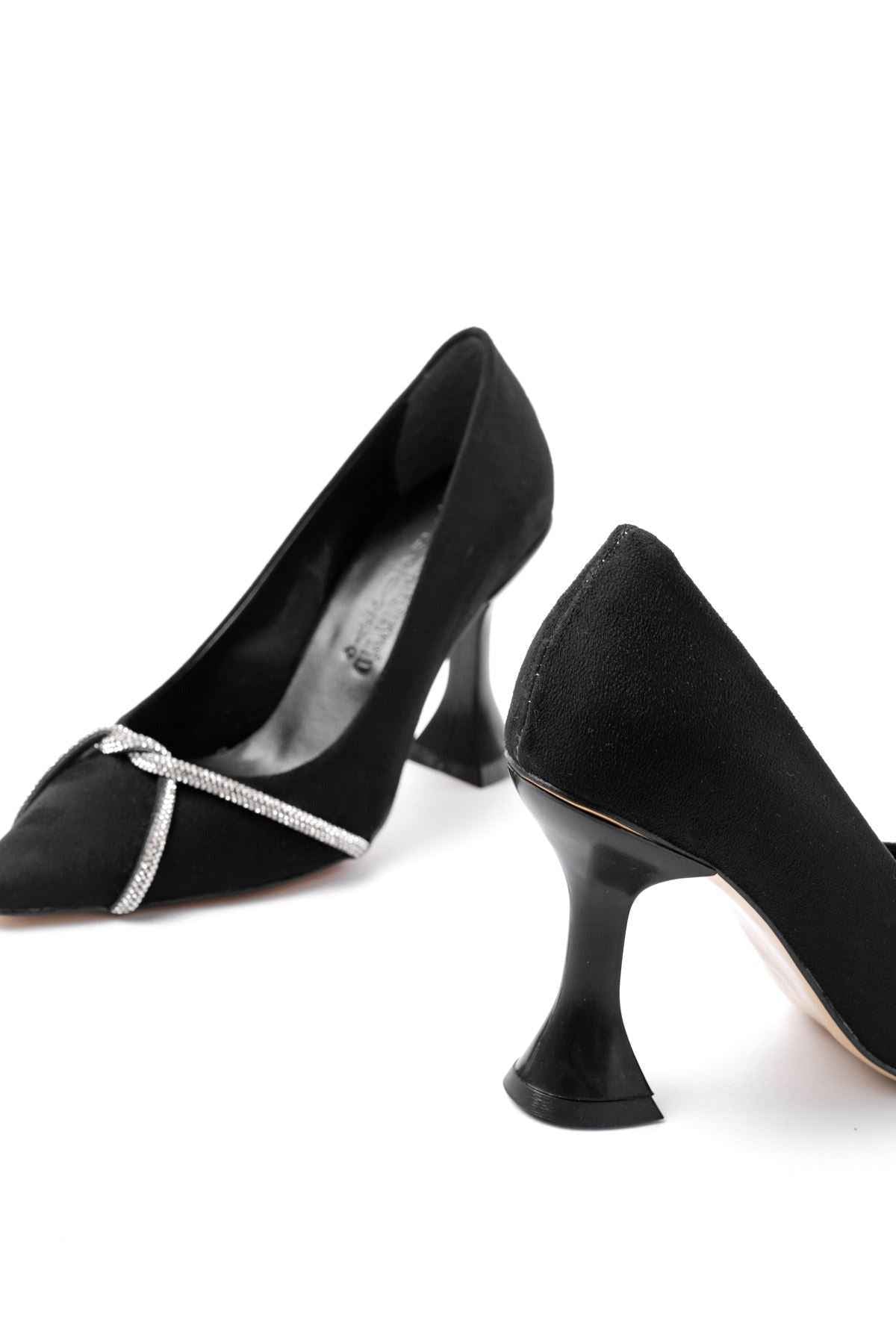 Ayakkabı Aşkı  K-10 Siyah Süet Günlük Sarmal Taşlı Topuklu Kadın Ayakkabı