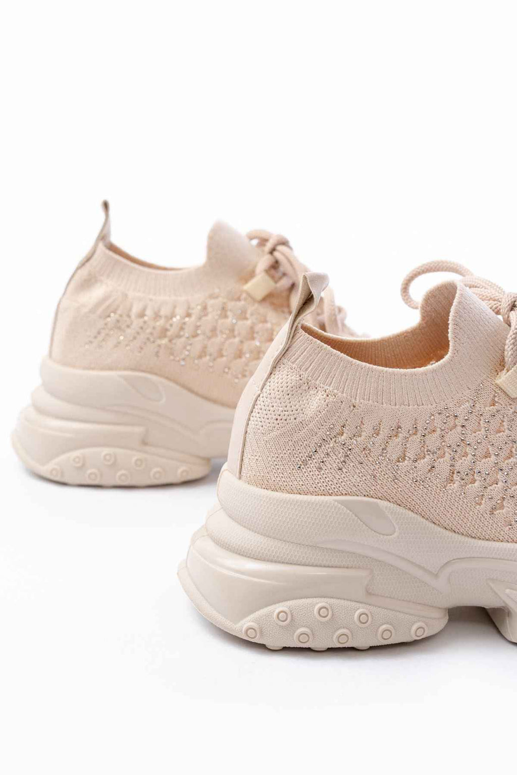 Ayakkabı Aşkı Sp-2024 Bej Günlük Bağcıklı Fileli Taş Aksesuarlı Kadın Spor Ayakkabı
