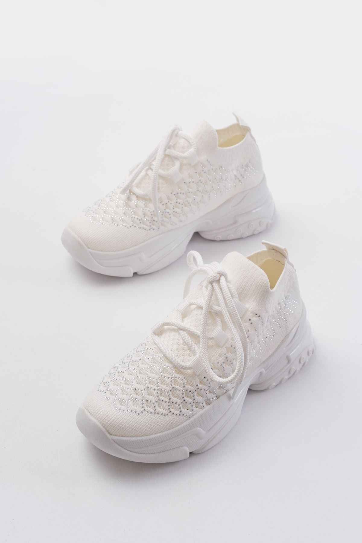Ayakkabı Aşkı Sp-2024 Beyaz Günlük Bağcıklı Fileli Taş Aksesuarlı Kadın Spor Ayakkabı
